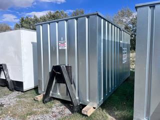 Portable Storage Unit C/w Hook lift Skid Mount, Single Swing Out Door, Wood Support Skids, Dimensions Are 78in Wide x 169in Long x 88in Tall. * Note Repair To Front Lower Left, Located @ 415 High Country Drive NW, High River, AB For More Information Call Tony 780-935-2619*