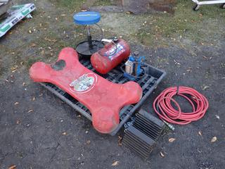 Powerfist 20-Ton Pneumatic Bottle Jack, Rough Rider Creeper, Air Tank, Air Hose, Wheel Chocks And Portable Shop Stool **Located In Edmonton**