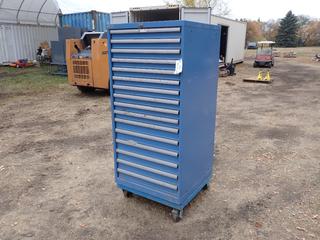 Lista 28in X 28in X 60in 16-Drawer Portable Storage Bin c/w Keys, Qty Of Assorted Brass And Steel Fittings, Elbows, Screws, Electric Wire, Splices And Assorted Supplies **Located In Edmonton**