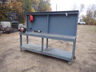 8ft X 2ft X 73in Portable Shop Bench c/w Lincoln Light Cord Reel And ITC 120V 6in Bench Grinder **Located In Edmonton**