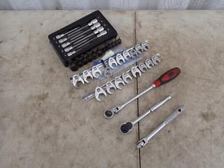 Metric And Imperial Sets Of 3/8in DR Crowfoot Wrenches c/w 3/8in DR Ratchets And 3/8in DR Hex Bits **Located In Edmonton**