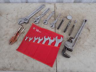 Qty Of Adjustable Wrenches c/w Ultrapro 18in Aluminum Pipe Wrench, 7/16in - 1 1/4in Wrench Set, Extendable Magnets And Vise Grips **Located In Edmonton**