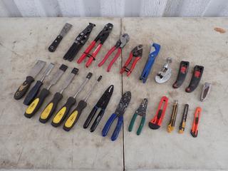 Qty Of Cable Cutters, Crimping Tools, Wire Strippers, Knives, Pipe Cutter, Scraper And Chisels **Located In Edmonton**