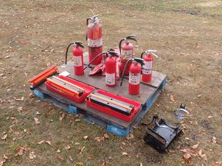 Qty Of Fire Extinguishers, Brackets And Triangle Flare Kits *Note: (2) Empty, (1) Handle Damaged* **Located In Edmonton**