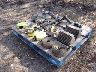 Qty Of 2in Ratchet Straps c/w 2 5/16 Ball Hitch, Reducer Inserts And Wheel Chocks **Located In Edmonton**