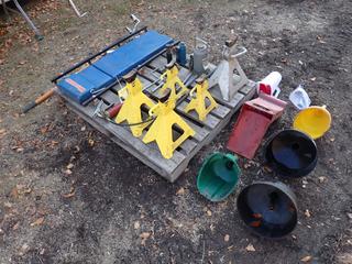 Qty Of (3) 6-Ton Jack Stands c/w (2) 3-Ton Jack Stands, Evercraft 20-Ton Bottle Jack, Westward Creeper, TDL Tire Mounting Tool, Jacks, Grease Gun, Axle Mate And Funnels **Located In Edmonton*