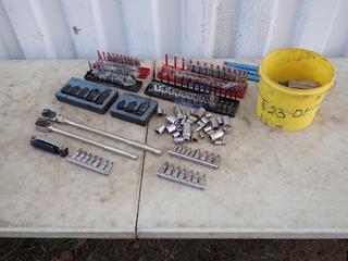 Qty Of Assorted 1/4in, 3/8in And 1/2in DR Sockets And Hex Bits c/w Socket Trays And (2) 1/2in DR Wrenches **Located In Edmonton**