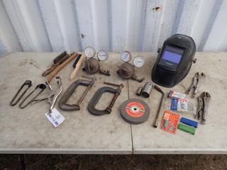 (2) Uniweld Gas Regulators c/w Miller Welding Helmet, Vise Grips, C-Clamps, 6in Grinding Wheel And Assorted Supplies **Located In Edmonton**