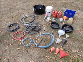 Qty Of Assorted Funnels, Drip Trays, Jerry Cans, Hoses And Emergency Spill Kit **Located In Edmonton**