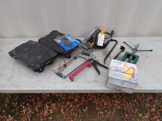 (2) Powerfist Platform Connect Dollys, Dewalt DW368 120V 7 1/4in Circular Saw, Hand Saw And Assorted Supplies **Located In Edmonton**