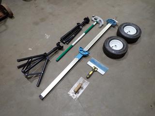 Qty Of Trowels, V-Belt Measure, (2) 13.5.00-6 Tires, Greenlee Pipe Bender And (2) Light Stands