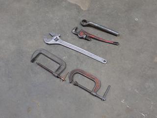 (1) 6in And (1) 8in C-Clamps, Fuller 18in Pipe Wrench, Hammer Wrench And 24in Adjustable Wrench