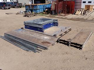 Qty Of (11) 5ft X 5ft Scaffold Frames, (2) 10ft X 19in Work Platforms, (2) 7ft X 19in Work Platforms, (9) 8ft Cross Pieces, (4) Wheels And Scaffolding Pins