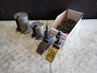 (2) James Morton Rite Hite Clamps, (1) Steel Bushing w/ 4 1/8in OD And 1in Keyway, (1) Steel Bushing w/ 3 3/4in OD And 1in, 3/4in And 3/8in Keyway Slot And Qty Of CAT40 Collet Chuck Tools