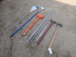 Qty Of (3) Sledge Hammers, Broom, (2) Aluminum Pry Bars And Assorted Hand Tools
