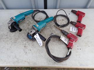 (2) Makita 9005BZ 120V 5in Angle Grinders c/w (3) CP 7111 Pneumatic Hammers *Note: Hammer Working Conditions Unknown*