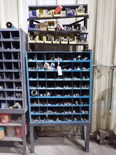 3ft X 12in X 42in 56-Compartment Bolt Bin c/w 3ft X 13in X 20in Stand And Nuts, Bolts, Tee's, 90's And Assorted Fittings *Note: Buyer Responsible For Removal*