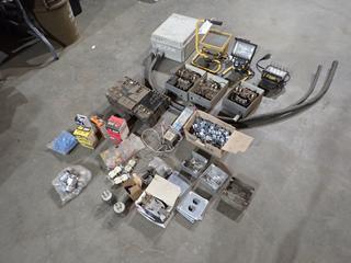 Hoffman Control Panel w/ Electrical Boxes, Covers, Marrette XTP Wire Connectors, Pipe Clamps, Plugins, (3) Halogen Work Lights, Ballast, Panel Boxes And Breakers