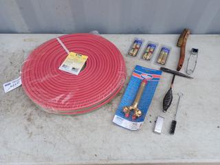 Unused Parker 100ft X 1/4in Twin Welding Hose c/w Striker, Chipping Hammer, Tip Cleaner, Steel Brush, Uniweld WH360 Torch Handle, (2) Quick Connects Sets And Flashback Arrestor Set