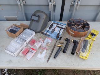 Qty Of Chipping Hammers, Head Assembly, Electrode Holder, Helmet, Polycarbonate Filter Plate, Bright And Dark Lenses, Welding Wire And Assorted Supplies