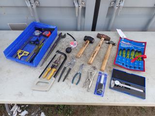 Qty Of Hammers, Pliers, Measuring Tapes, Hand Saw, Westward 6-Pc Torx Screwdriver Set, Vise Grip, Dial Caliper And Assorted Supplies 