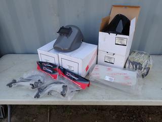 Qty Of (3) Unused Fibre-Metal Welding Helmets c/w Qty Of BDG Cowhide Gloves, Clear And Tinted Face Shield And Face Shield Brackets