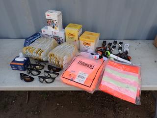 Qty Of BDG Cowhide Gloves c/w Ear Plugs, Barricade Tape, Earmuffs, Locks, Headlamps And Assorted Size Rain Jackets