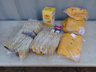 Qty Of BDG Cowhide Gloves, Condor Size Large FR Rain Coats, Locks And Ear Plugs