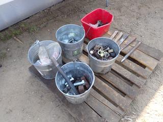Qty Of GW Metal Pails, Nuts, Bolts, Shims, Come Along Chain Clips And Assorted Supplies