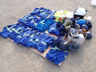 Qty Of Assorted Size Coveralls c/w Hard Hats And Assorted Safety Supplies