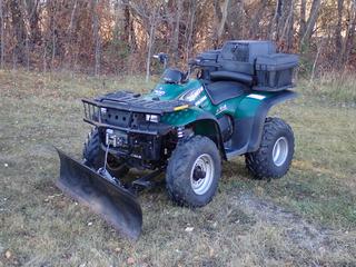 2001 Polaris Explorer 400 4X4 ATV c/w Automatic Variable Transmission, Storage Box, Falcon 2500lb Winch, 60in Blade And AT25X8-12 Tires. VIN 4XACG38C71A366274 **Located In Edmonton** 