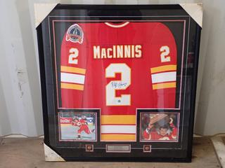 Al MacInnis Signed Framed Calgary Flames Jersey w/ 1989 Stanley Cup Championship Patch And AJ Sports Memorabilia COA *Note: Water Damage* **Located In Edmonton**