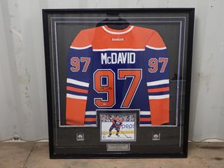 Connor McDavid Signed Framed Edmonton Oilers Jersey w/ COA By Upper Deck *Note: Water Damage* **Located In Edmonton**