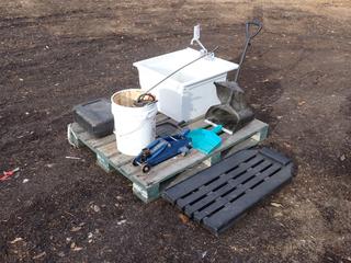 Floor Jack, Sink, Grease Guns, Dust Pans, Floor Creeper And Assorted Supplies **Located In Edmonton**