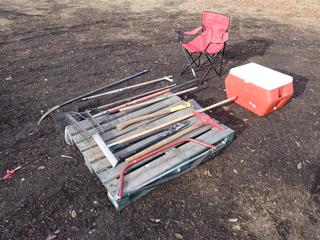 Qty Of Rakes, Axe, Saw, Pick Axe, Trim Cutters, Chair And Cooler **Located In Edmonton**