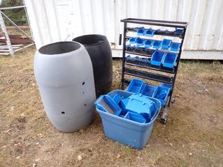 Mastercraft 26in X 22in X 44in Bin Storage Rack c/w Totes And (2) Compost Barrels **Located In Edmonton** 