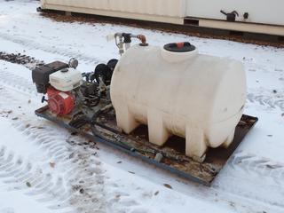 Honda Pressure Washer c/w Pump, 450L Tank, Hose Reel And 76in X 45in Skid *Note: Working Condition Unknown* **Located In Edmonton**