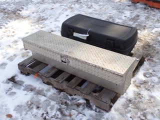 Challenger 4ft X 12in X 12in Checker Plate Storage Box c/w Tailgator 3ft X 18in X 13in Storage Box **Located In Edmonton**