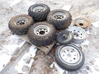 (2) Spider Track AT26X12.5-12 And (2) AT26X9.5-12 Tires w/ Rims c/w (1) P155/8-R13 Tire, (1) 4.80/4.00-8 Wheelbarrow Tire And (2) 8-Bolt Rims **Located In Edmonton**