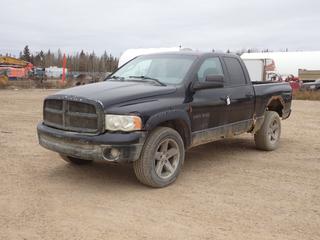 2005 Dodge Ram 1500 SLT 4X4 Crew Cab Pickup c/w 5.7L Magnum Hemi V8, A/T And P275/60R20 Tires, Showing 300,477kms. VIN 1D7HU18D05S185852 *Note: Rust Throughout Body, Does Not Reverse In AWD, Does Reverse In 4WD* **Located In Fort McMurray**
