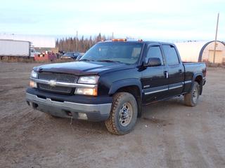 2004 Chevrolet Silverado 2500 LS 4X4 Crew Cab Pickup c/w 6.0L V8 Vortec, A/T And LT265/75R16 Tires. Showing 219,914kms. VIN 1GCGK23U54F228985  *Note: Passenger Front And Drivers Side Door Handle Broken, Engine Light On, Windshield Cracked, Minor Rust, Drivers Side Back Seat Missing* **Located In Fort McMurray**