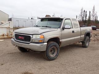 1999 GMC Sierra Z71 SLE 4X4 Extended Cab Pickup c/w 5.3L Vortex V8, A/T And 265/75R15 Tires. VIN 2GTEK19T9X1500899 *Note: Air Intake Disassembled, Spark Plugs Removed, Belt Removed, Turns Over Does Not Start, Running Condition Unknown* **Located In Fort McMurray**