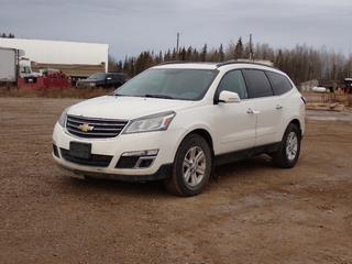 2014 Chevrolet Traverse LT AWD SUV c/w 3.6L VVT, A/T, Power Sunroof, Backup Camera And 265/65R18 Tires. Showing 232,670kms. VIN 1GNKVGKD2EJ245832 *Note: Tail Light Cracked, Passenger Front Mirror Broken, Dent In Back Hatch And Windshield Wiper Handle Broken* **Located In Fort McMurray**