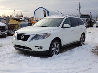 2014 Nissan Pathfinder Platinum 4WD SUV c/w 3.5L V6, A/T, Backup Camera, Power Sunroof And  235/55R20 Tires. Showing 178,034kms. VIN 5N1AR2MMXEC633478 *Note: Minor Rust, Passenger Tail Light Cracked. No Key, Running Condition Unknown, Buyer Responsible For Removal* **Located In Fort McMurray**
