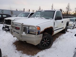 2006 GMC Sierra 2500 HD 4X4 Regular Cab Pickup c/w 6.0L Vortec, A/T And LT245/75R17 Tires. VIN 1GTHK24UX6E104528. *Note: Ignition Broken, Rust, Driver Door Damaged, Previously Registered In Saskatchewan, No Key, Running Condition Unknown, Buyer Responsible For Removal* **Located In Fort McMurray**