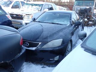 2006 Lexus iS250 4-Door Sedan c/w V6, A/T, Power Sunroof And 225/40R18 Tires. VIN JTHCK262365002749 *Note: Rebuilt Status, Front Bumper Damaged, Windshield Cracked, Driver Side Mirror Broken, Rear Bumper Damaged, No Keys, Running Condition Unknown, Buyer Responsible For Removal* **Located In Fort McMurray**