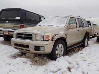 2001 Nissan Pathfinder LE 4X4 SUV c/w 3.5L V6, A/T, Power Sunroof And 255/65R16 Tires. VIN JN8DR07Y71W520248 *Note: Rust, No Key, Running Condition Unknown* **Located In Fort McMurray**
