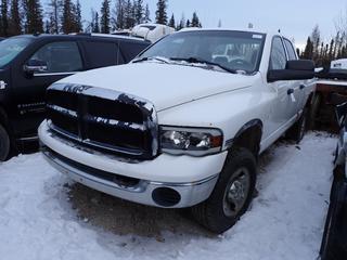 2005 Dodge Ram 2500 SLT 4X4 Quad Cab Pickup c/w 5.7L Hemi Magnum, A/T And LT265/70R17 Tires. VIN 3D7KS28D85G766220 *Note: Rust Throughout Body, Driver Mirror Cracked, No Keys, Running Condition Unknown, Buyer Responsible For Removal* **Located In Fort McMurray**