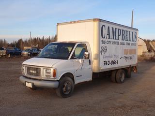 2002 GMC 3500 4X2 Truck Van c/w 5.7L V8 Vortec Gas, A/T, Thermo King 15ft Van Body, 5443KG GVWR And LT225/75R16 Tires. Showing 092,517kms. VIN 1GDJG31R721126735 *Note: Windshield Damaged, Minor Rust, Passenger Rear View Mirror Missing* **Located In Fort McMurray**