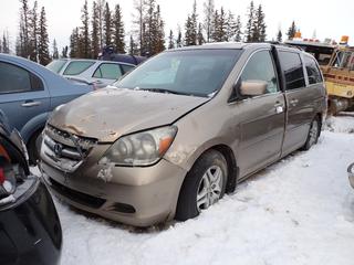 2005 Honda Odyssey Van c/w 3.5L I-Vtec, A/T, Power Sunroof And 235/65R16 Tires. VIN 5FNRL38715B502395 *Note: Windshield Cracked, Rust, Dents, Seats Torn, Driver Rear Sliding Door Off Track, No Key, Running Condition Unknown, Buyer Responsible For Removal* **Located In Fort McMurray**